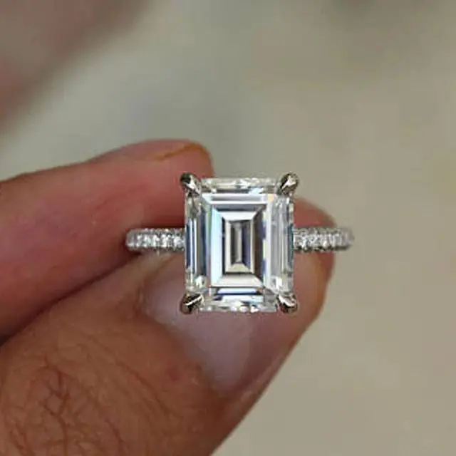3.44 Ct Emerald Cut Lab Created Diamond Engagement Ring 14K White Gold Plated ABC Jewelery